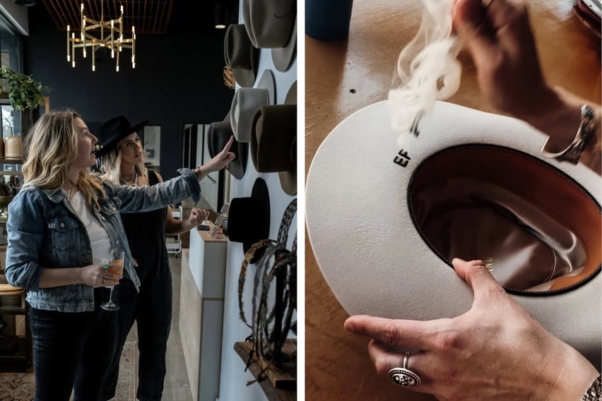 Owner Kricia Storms doing a consultation and branding a hat at Bang Bang.