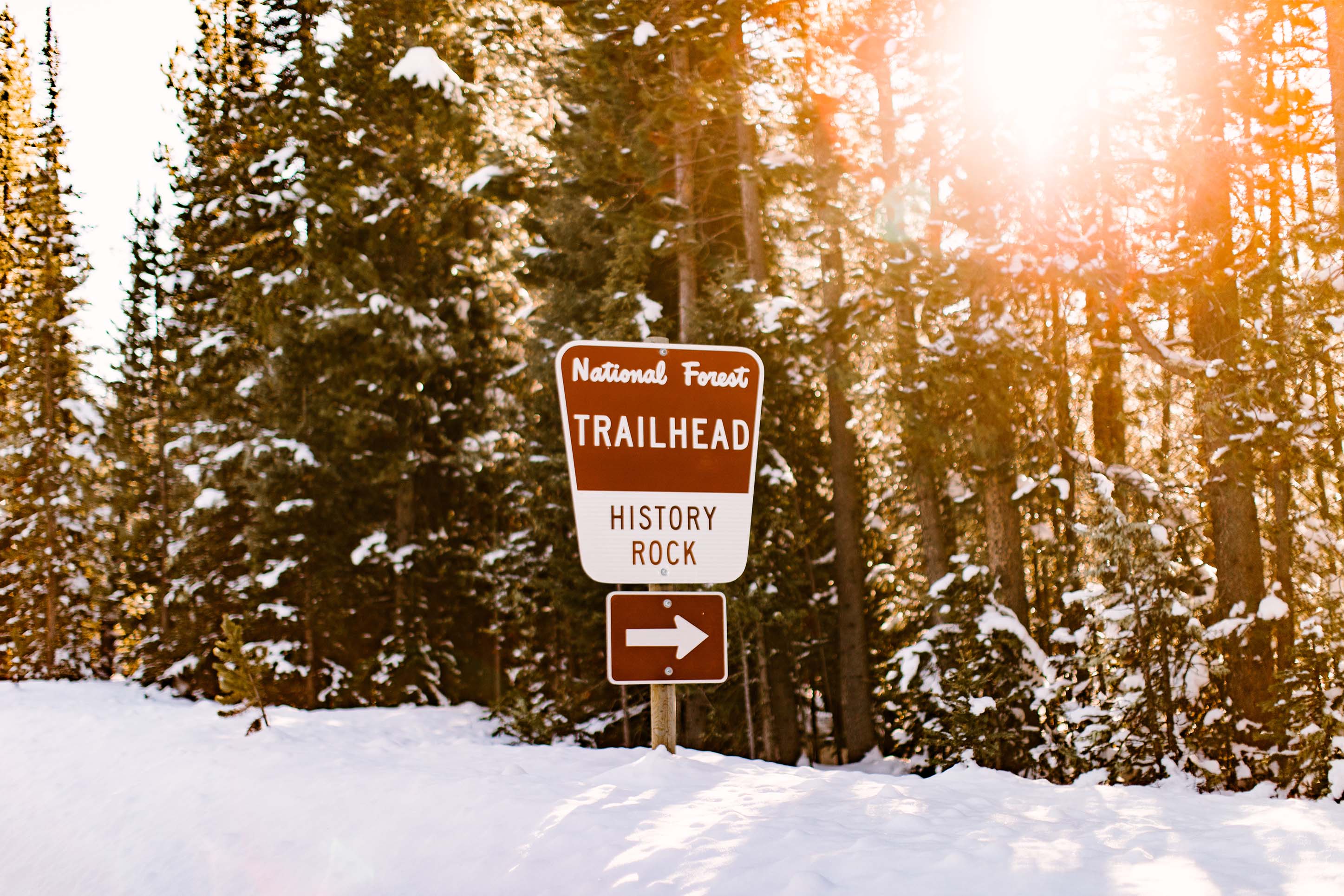 National Forest sign for History Rock trailhead, places to go snowshoeing
