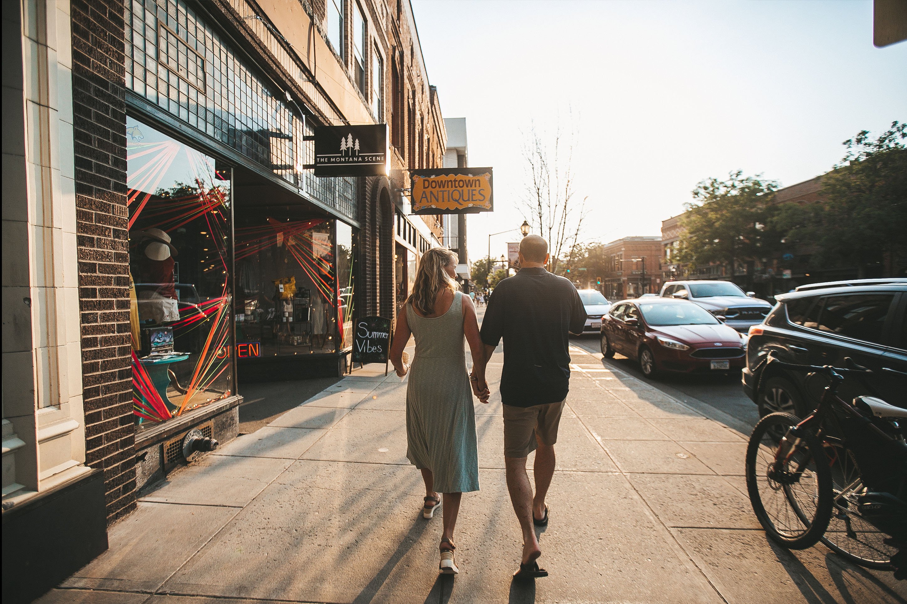 Couple walking downtown Bozeman
