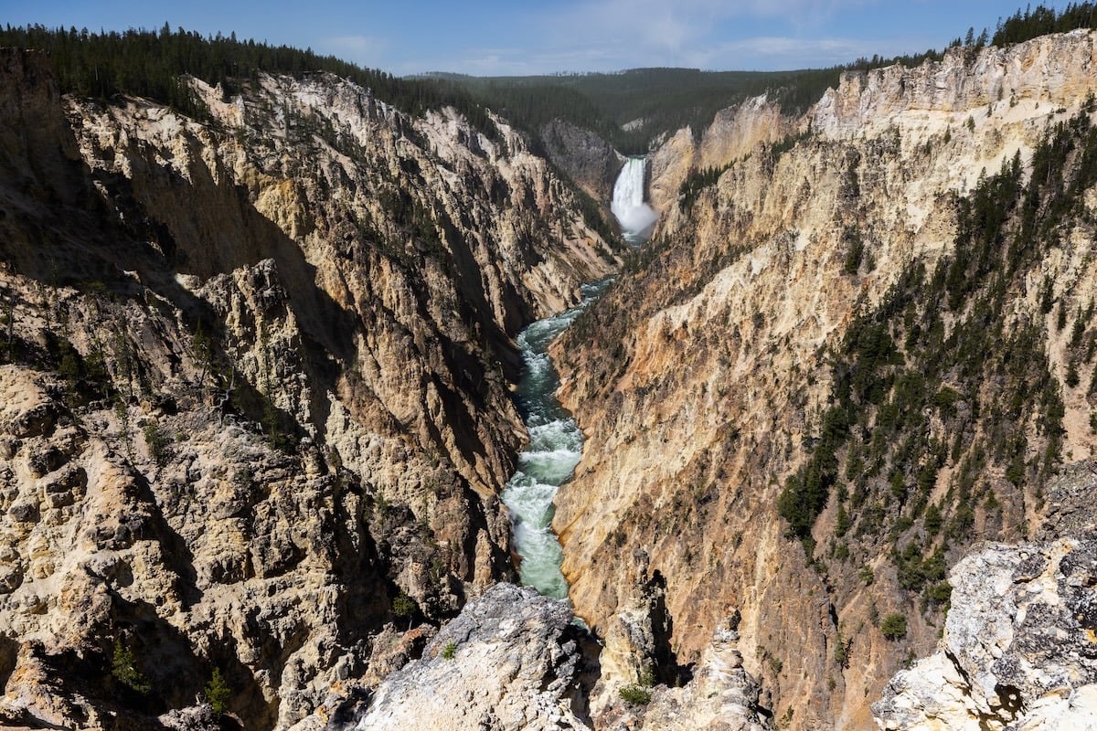 Grand Canyon of the Yellowstone with a river and waterfall in Yellowstone National Park.