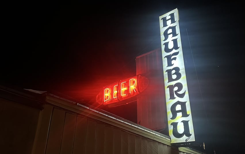 The Haufbrau Haus sign in Bozeman, Montana.