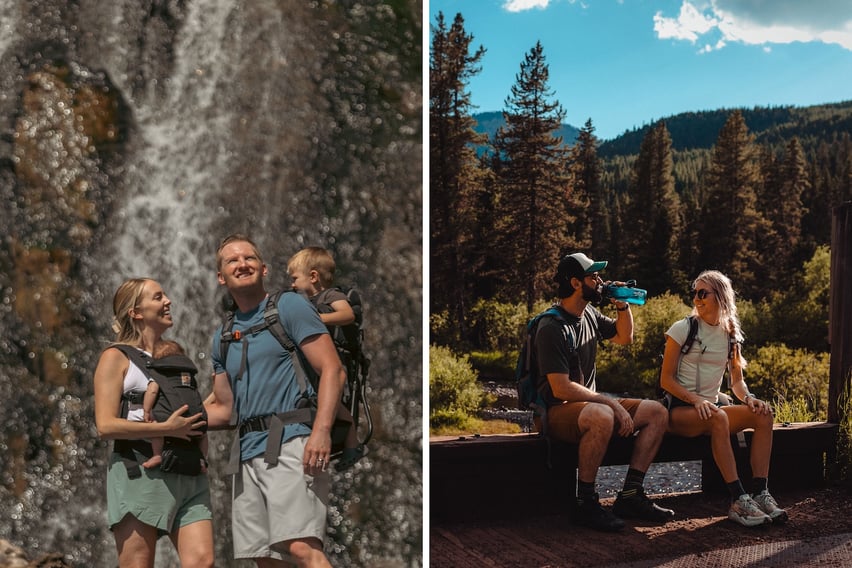 Left image: Family standing in front of Palisade Falls in Hyalite Canyon. Right image: Couple sitting on a bridge in Hyalite Canyon.