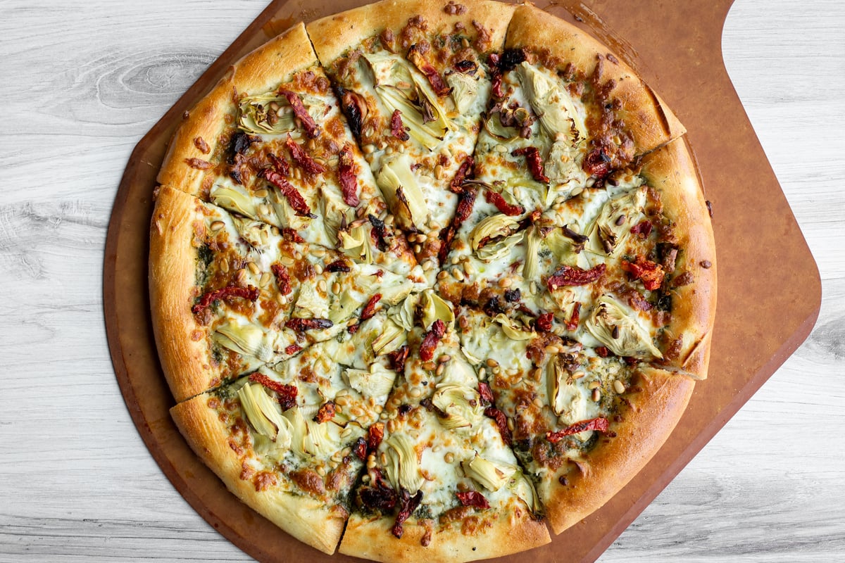 A Mediterranean pizza from MacKenzie River Pizza in Bozeman