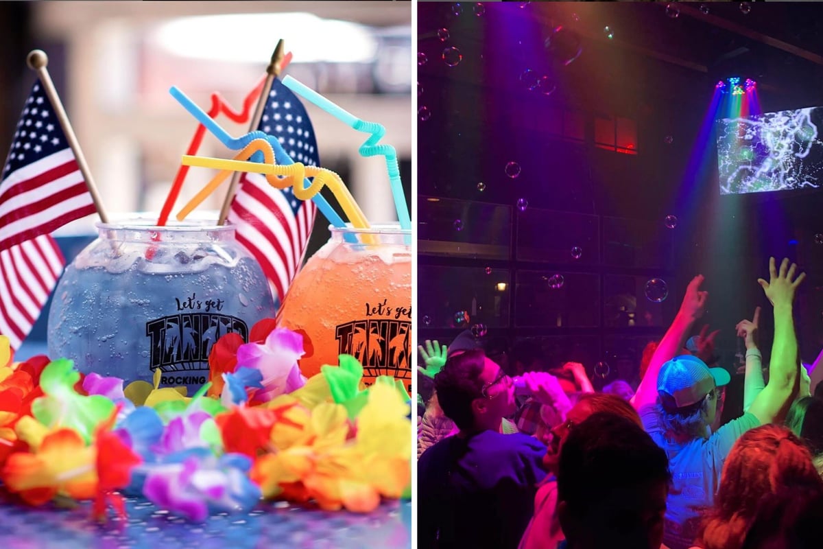Rocking R Bar in Bozeman serves fishbowl drinks (left image) and has a fun party atmosphere with dancing and colorful lights (right image).