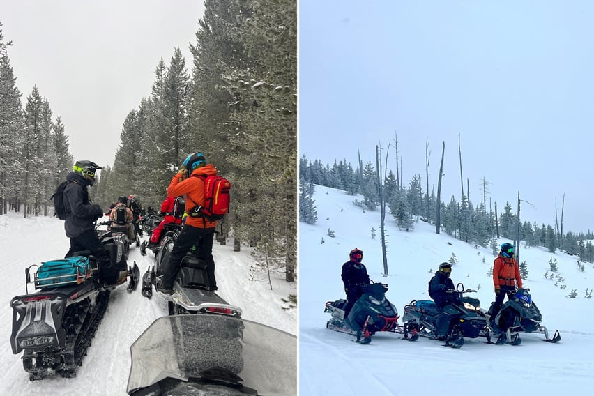 Group of people snowmobiling in West Yellowstone.