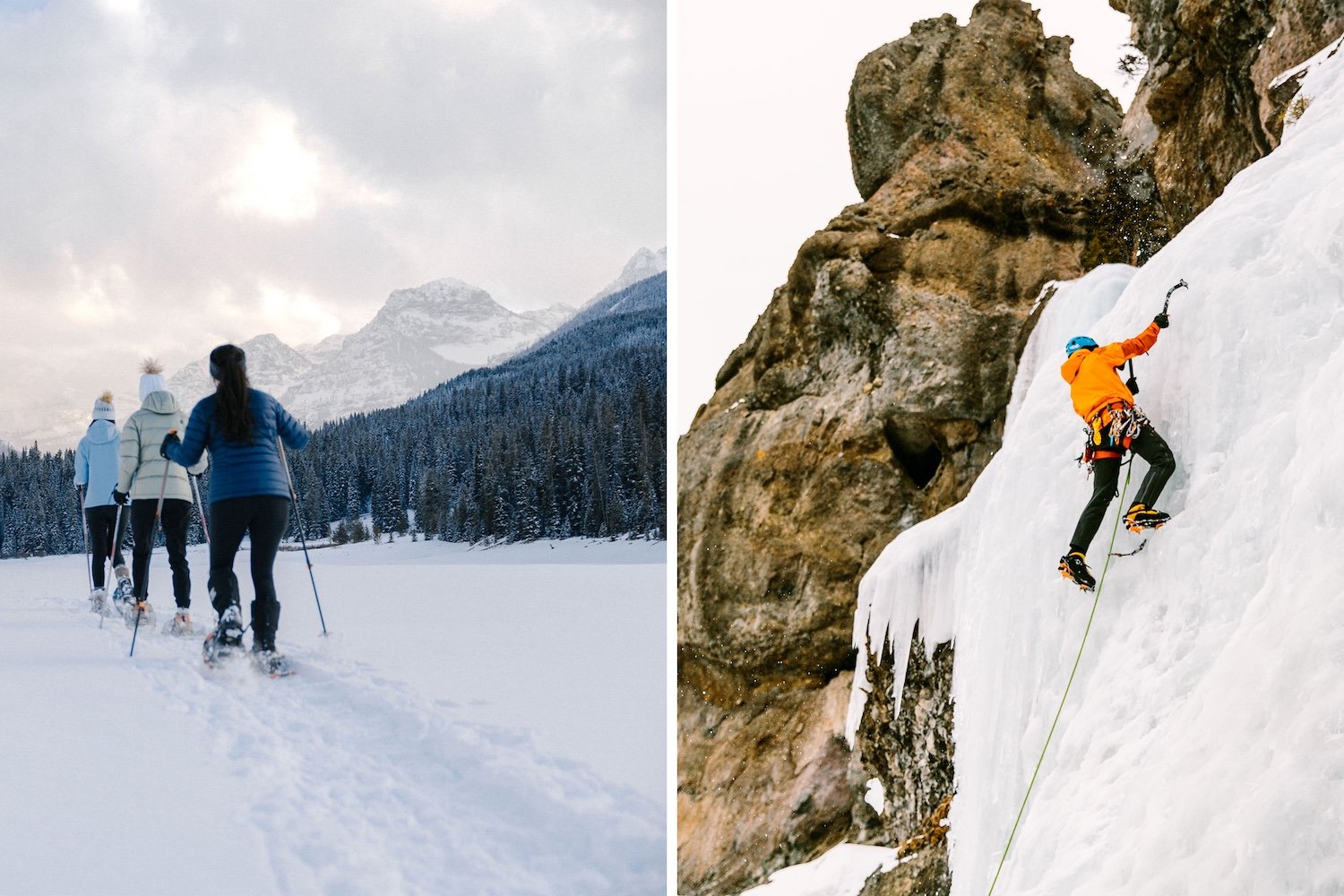 Left image: Three people snowshoeing in Hyalite Canyon. Right image: Person ice climbing in Hyalite Canyon.