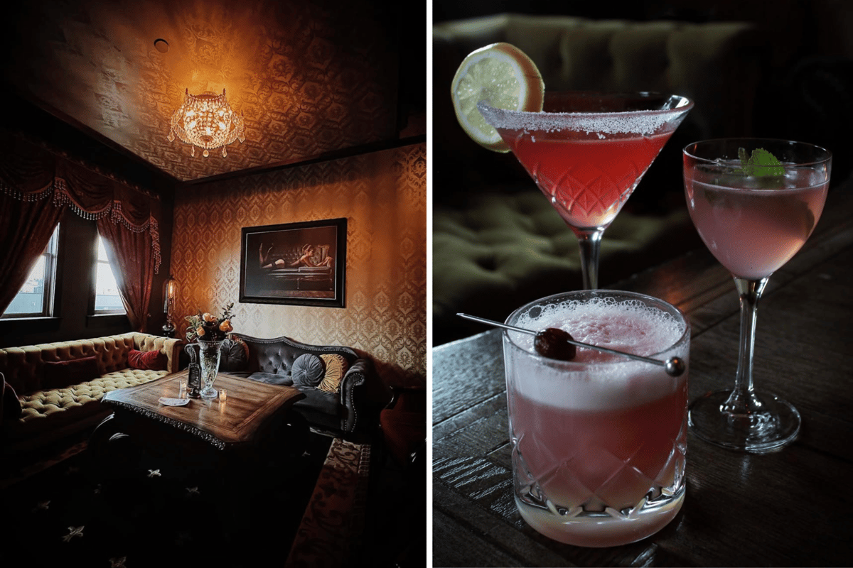 Left Image: Interior of Devil's Toboggan. Right Image: Three cocktails on a table at Devil's Toboggan.