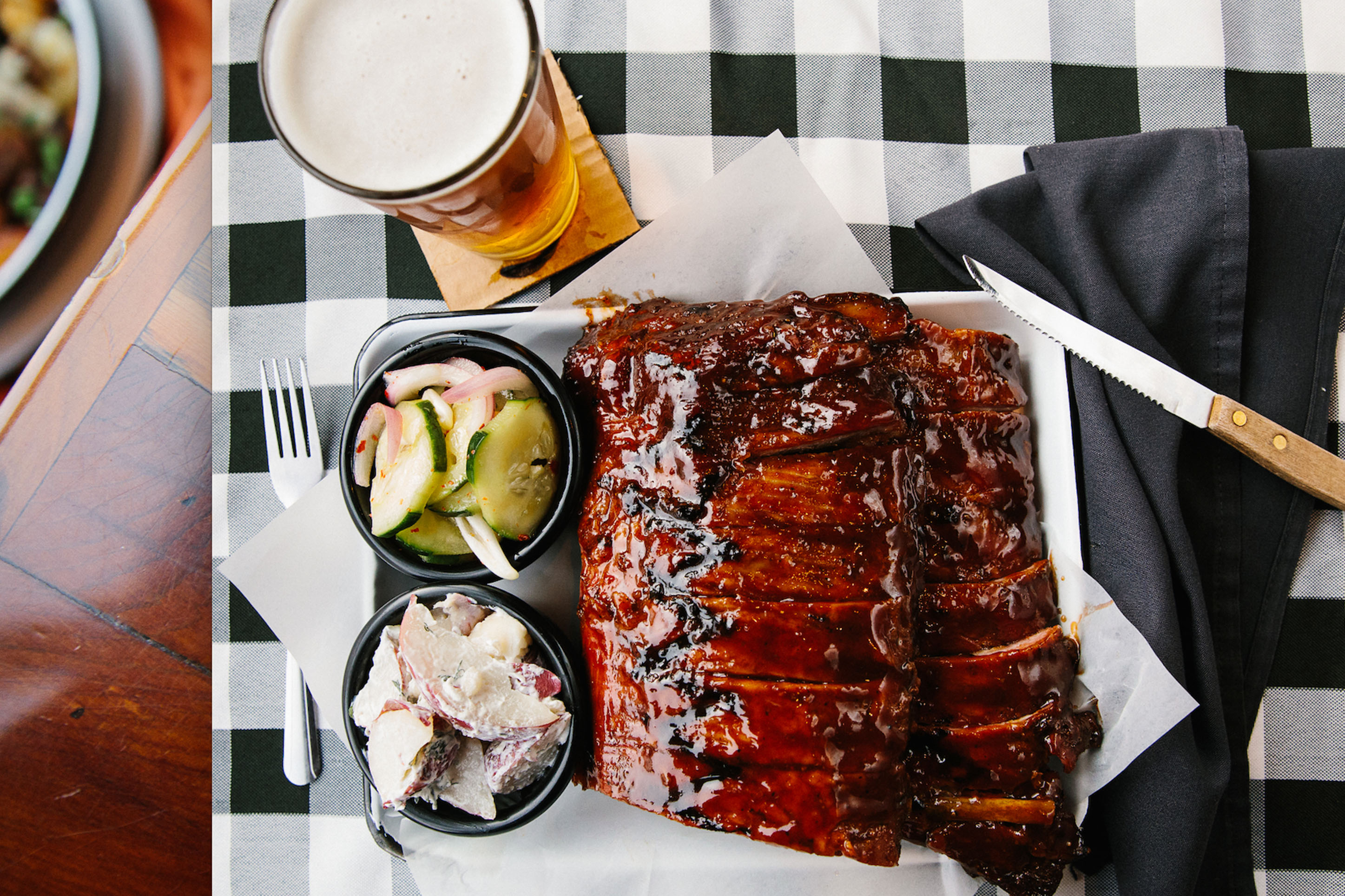 photo of Bar 3 BBQ ribs, sides, and beer