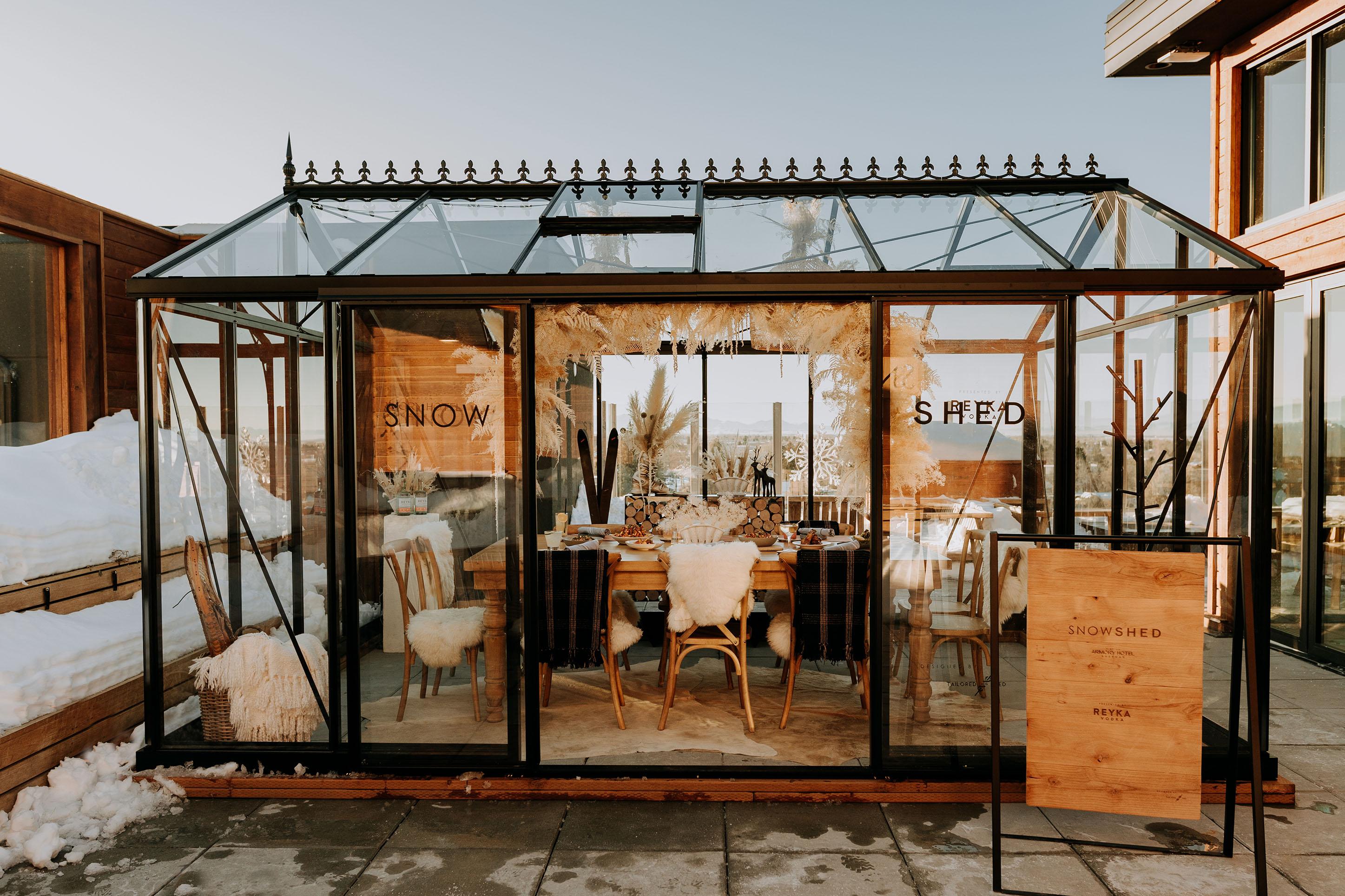 photo of an outdoor snow shed at Sky Shed rooftop bar