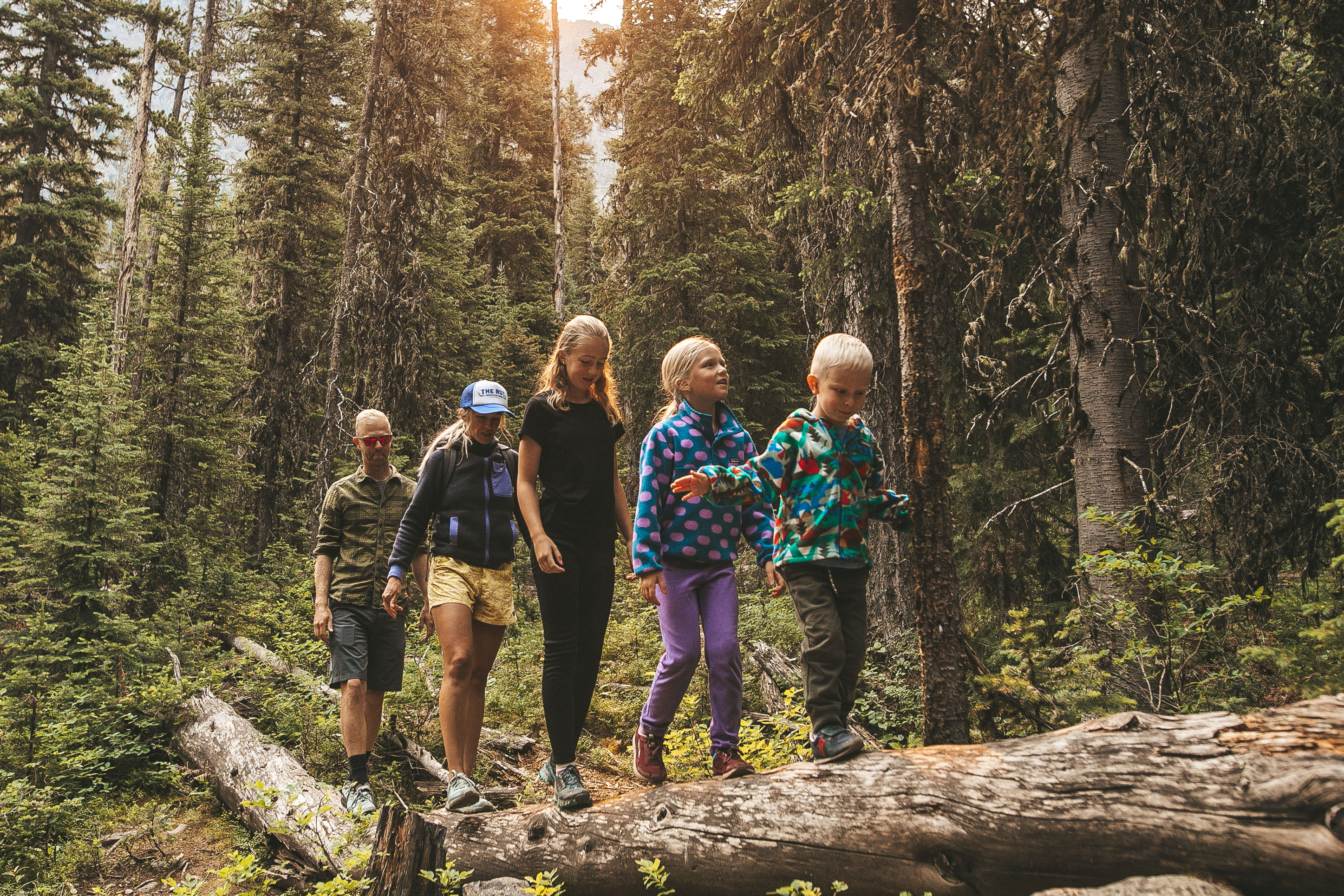 Kids hiking across a fallen log