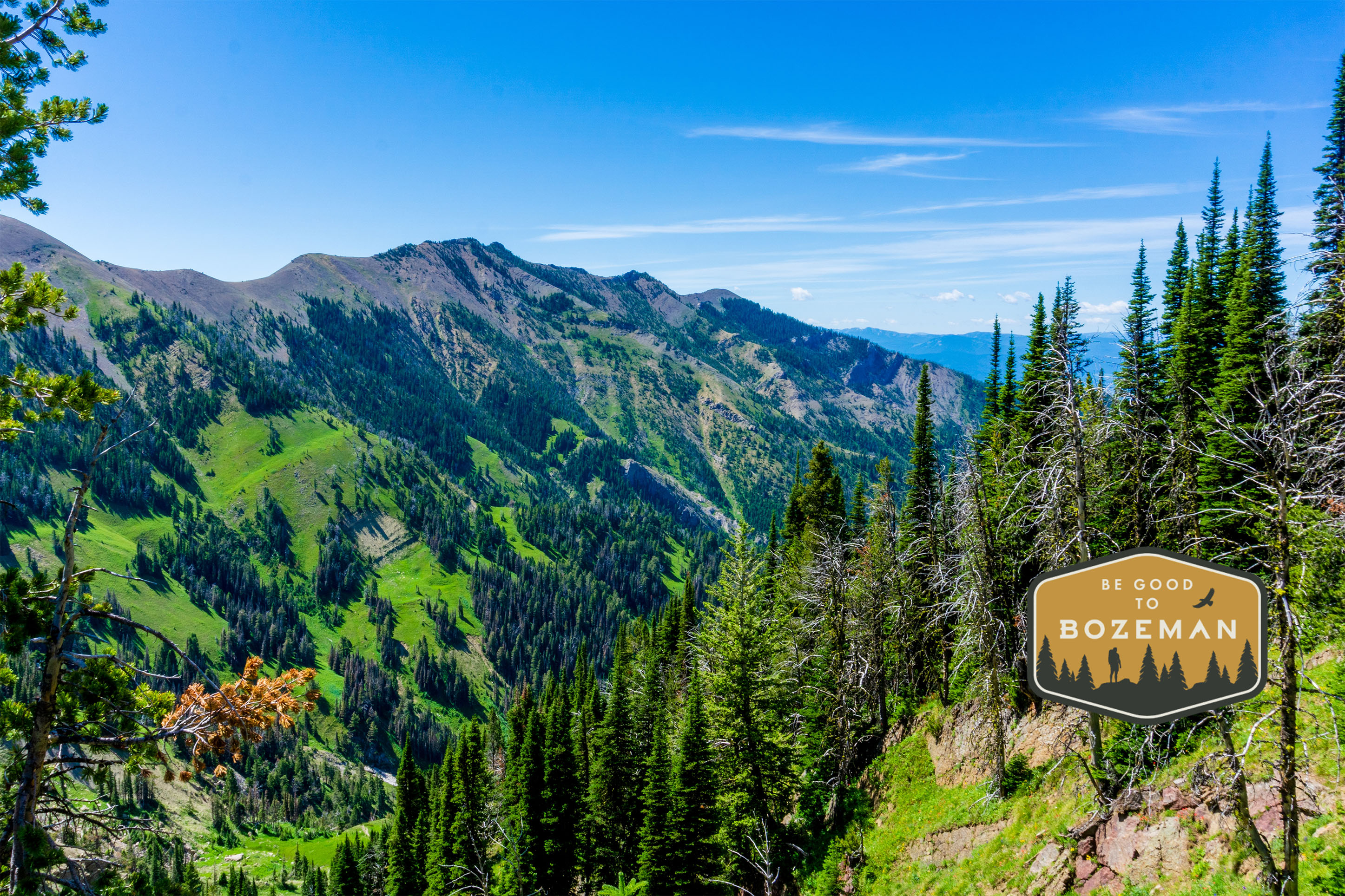 photo of Bridger mountain range with Be Good to Bozeman Logo