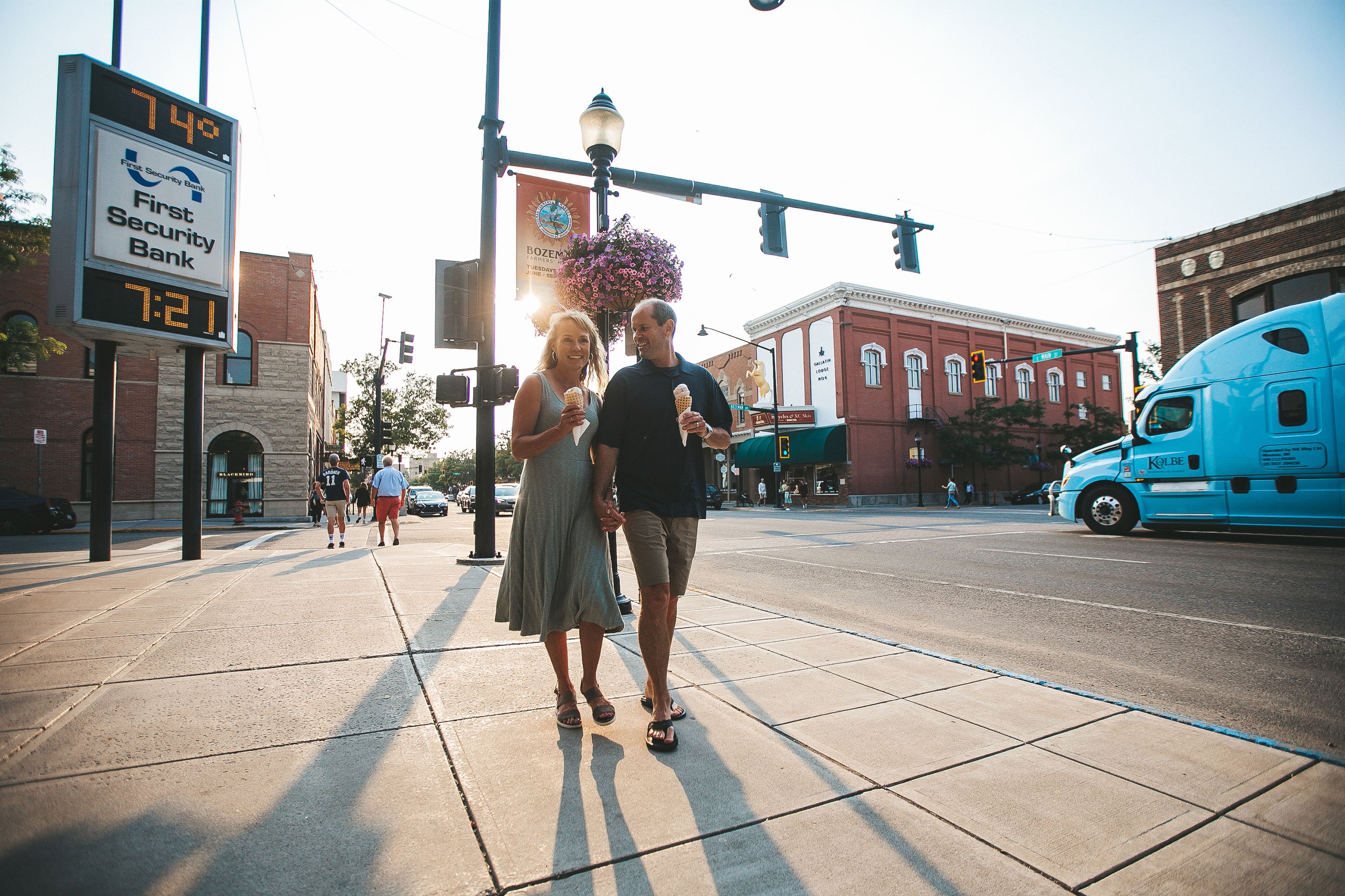 Couple walking in downtown Bozeman, Montana.