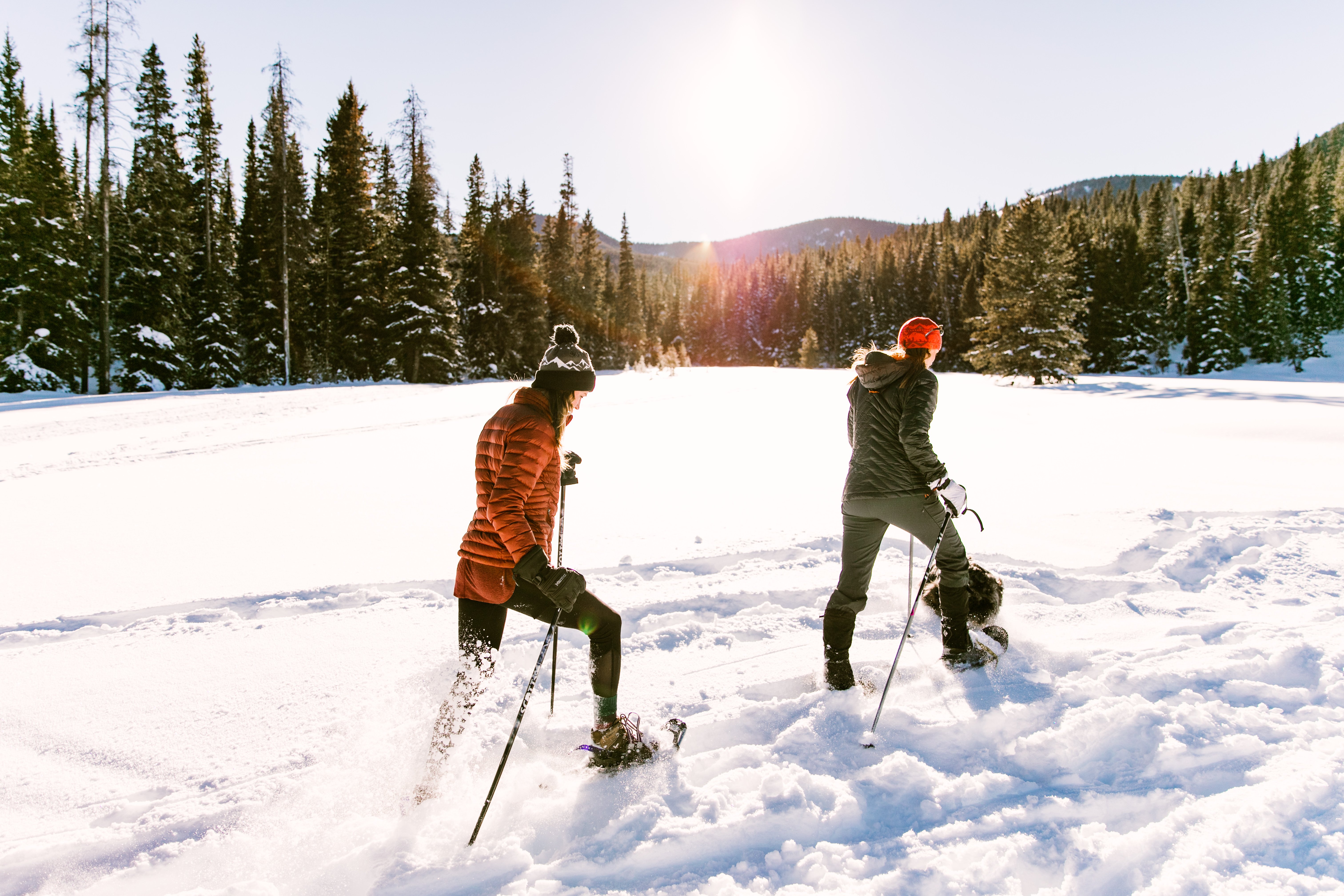 Two women snowshoeing in a forest in Bozeman