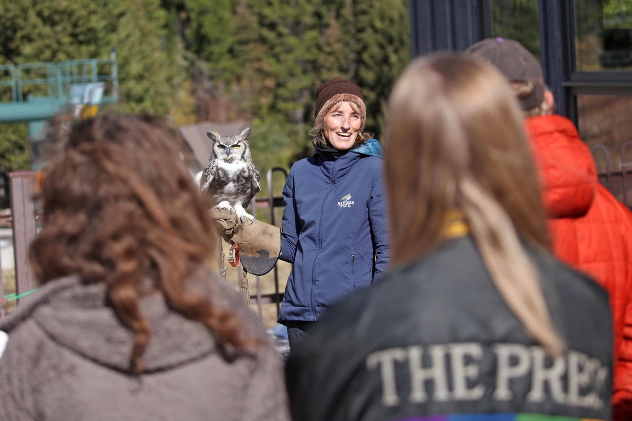 woman holds an owl at the Bridger Raptor Festival