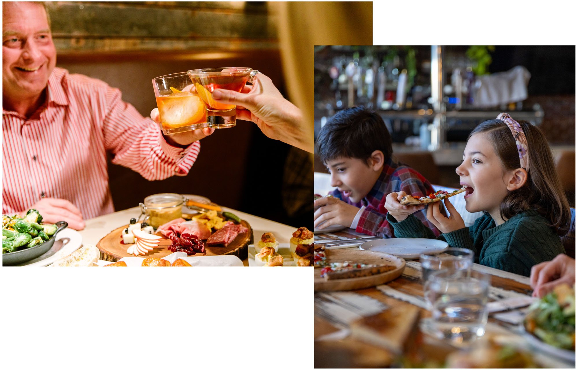 Kids eating pizza and man cheering Kids eating pizza and man cheering